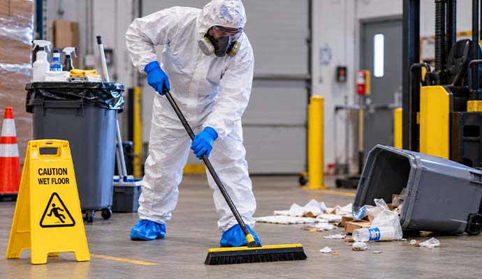 Cleanup technician sweeping debris and waste in a commercial facility