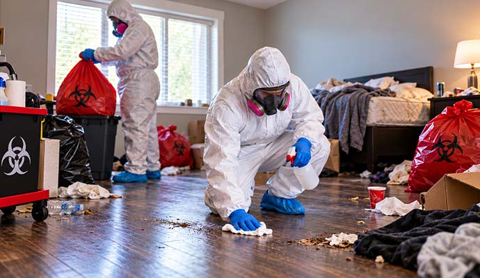 Cleanup technicians wiping and sanitizing contaminated bedroom floor
