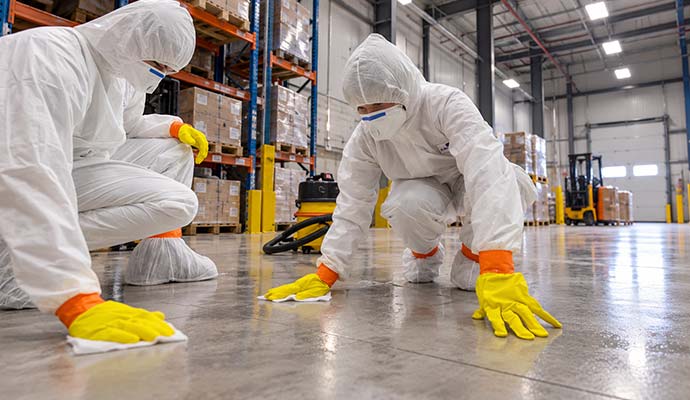 Two technicians in protective suits sanitizing a warehouse floor