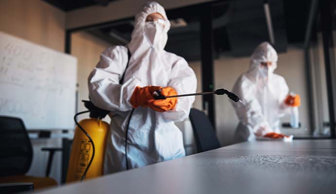 Technicians in protective suits spraying office table