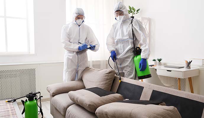 Technicians in protective suits treating couch with sprayer
