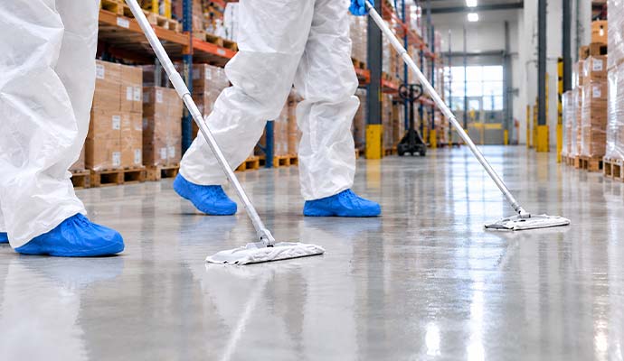 Technicians mopping and sanitizing a warehouse floor