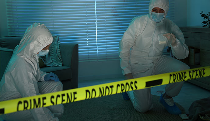 Two professionals investigating in crime scene areas