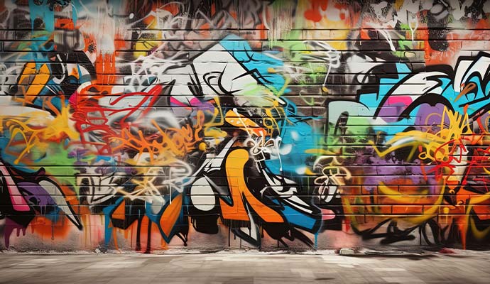 Wall covered in colorful spray paint graffiti, paint markings, and tags