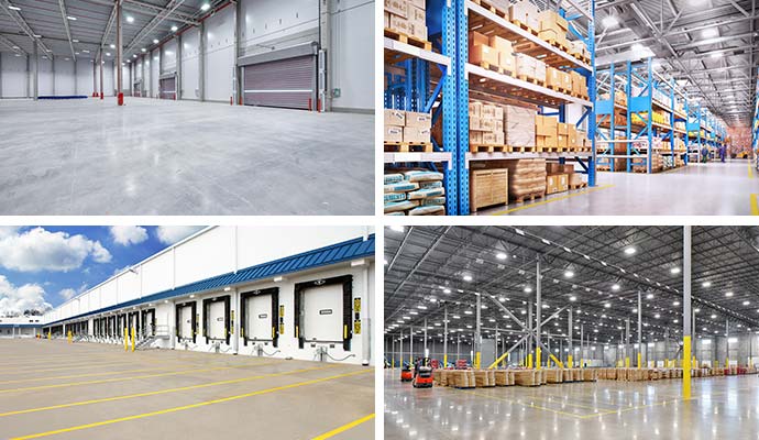 Collage showing warehouse floors, storage racks, loading docks, and staging areas