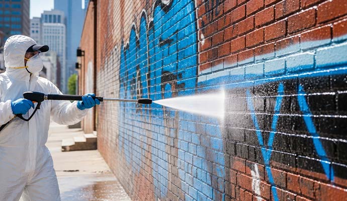 Worker pressure washing spray paint graffiti from a commercial brick wall